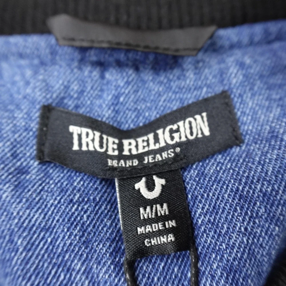 NEW True Religion Jacket Mens M Blue Denim Faux Leather Buddha Varsity Snap Coat
